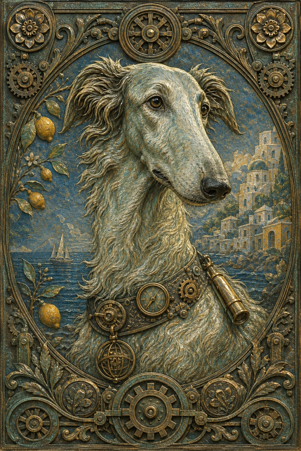 Caspian the Borzoi — Etruscan Bronze Relief pet portrait