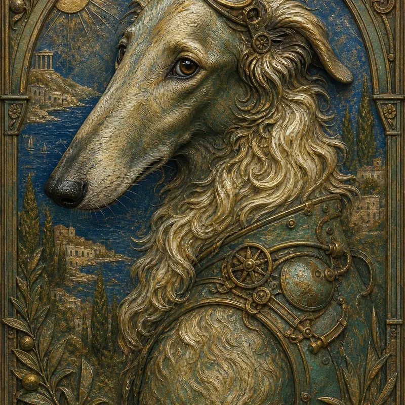 Borzoi portrait — etruscan bronze relief