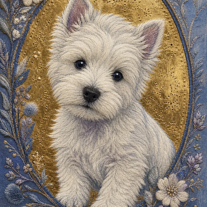 West Highland Terrier portrait — gilded tempera