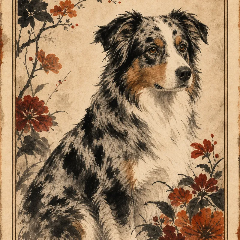 Australian Shepherd portrait — japanese sumi e