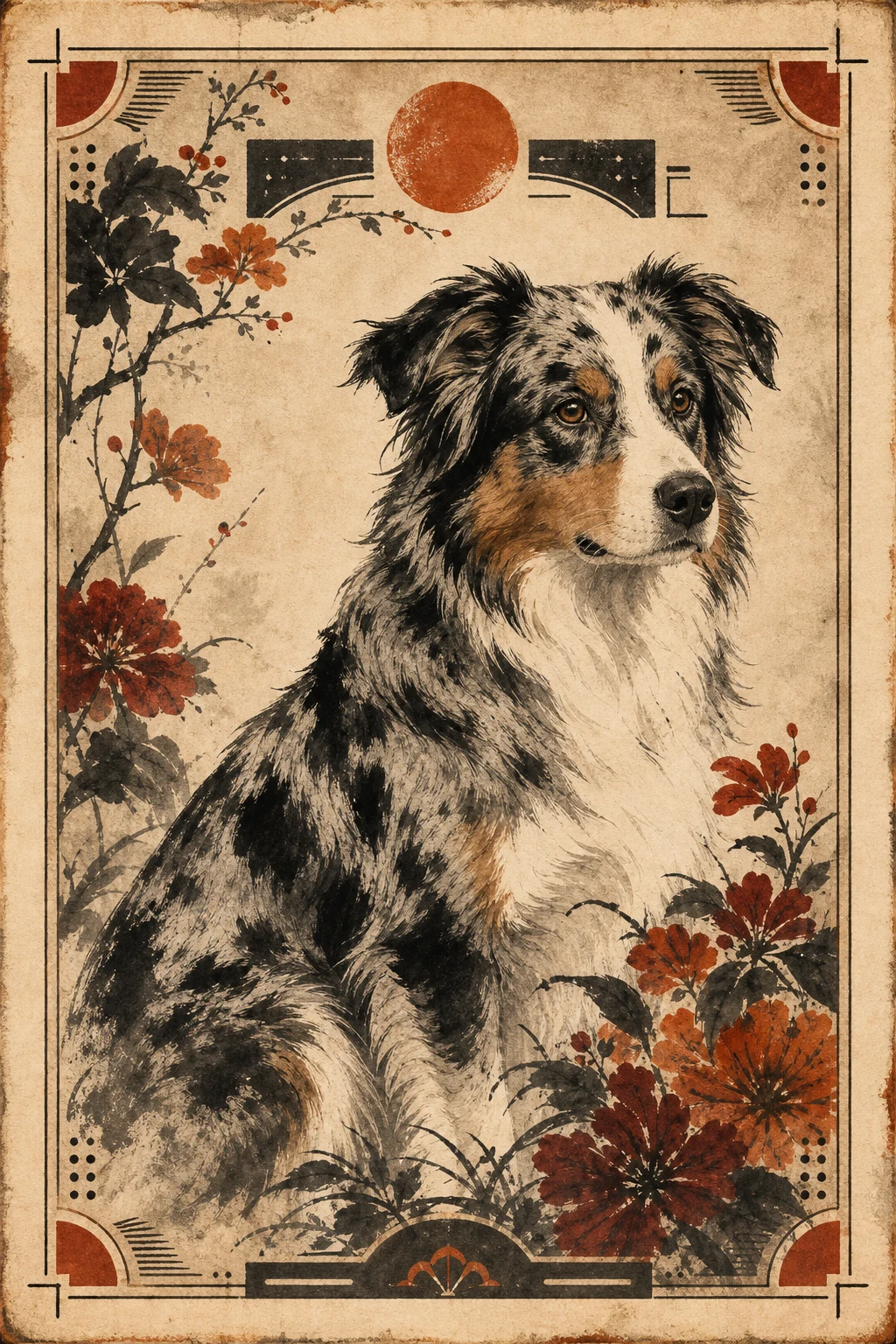 Scout the Australian Shepherd — Japanese Sumi E pet portrait