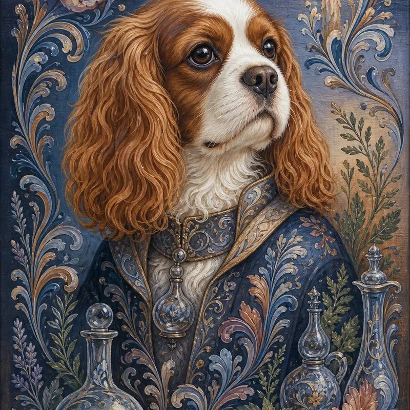 Cavalier King Charles Spaniel portrait — norwegian rosemaling