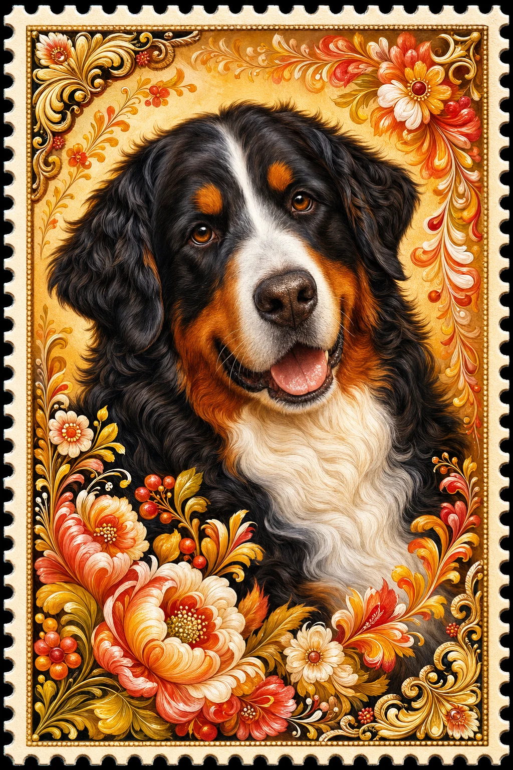 Bruno the Bernese Mountain Dog — Ukrainian Petrykivka pet portrait