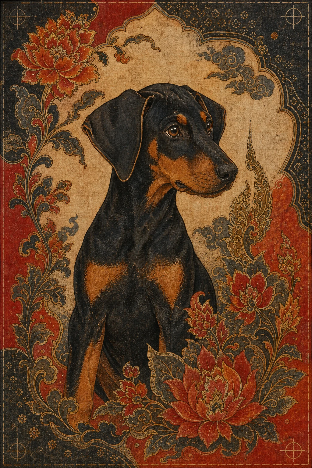 Ember the Doberman — Wayang Kamasan pet portrait