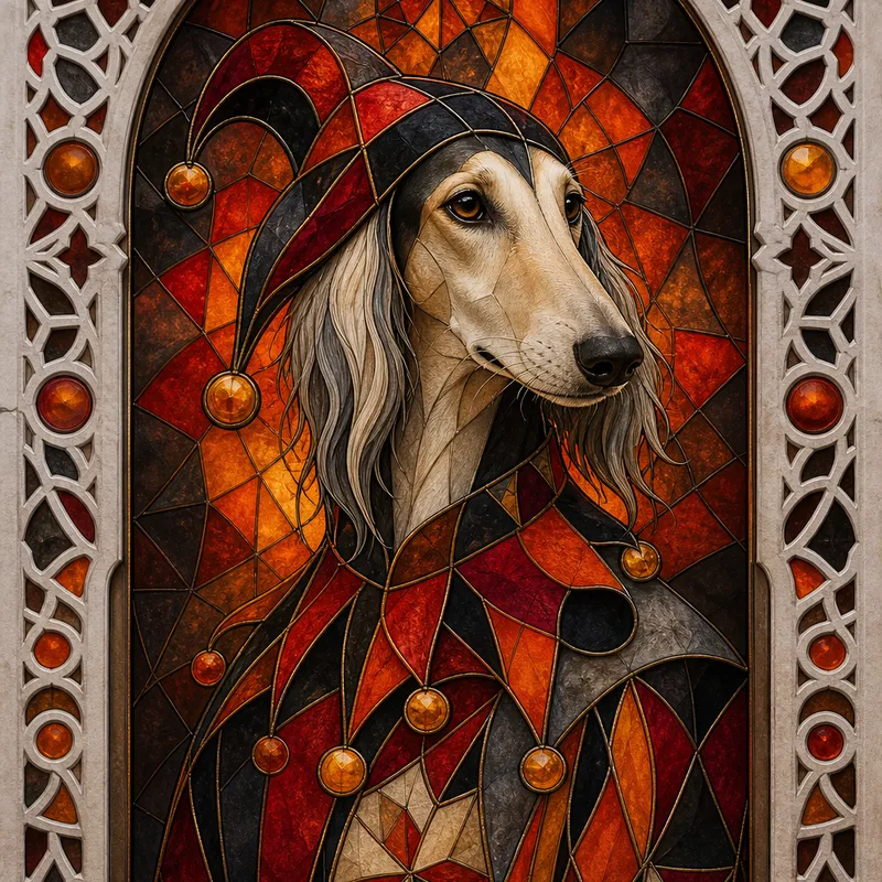Saluki portrait — yemeni stained glass qamariya
