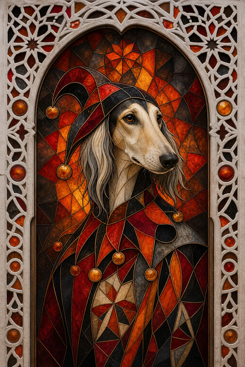 Zahir the Saluki — Yemeni Stained Glass Qamariya pet portrait