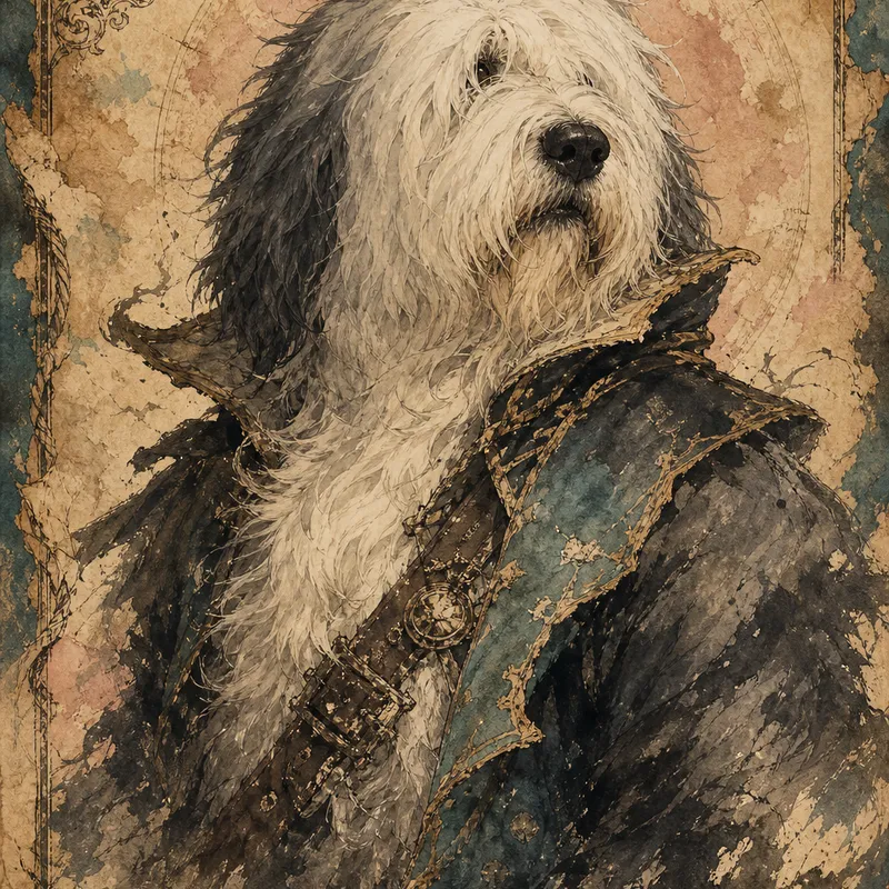 Old English Sheepdog portrait — zhong kui ghost dog